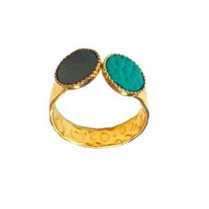 Bague martelée- BICOLORE- avec cuir kaki et vert lagon1-