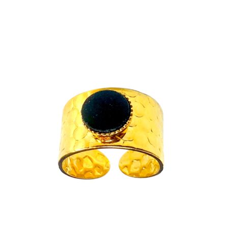 Bague martelée- LARGE- avec cuir noir verni 1-