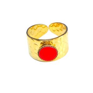 Bague martelée- LARGE- avec cuir rouge irisé 1-