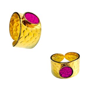 Bague martelée- LARGE- avec rose fuchsia brillant3-