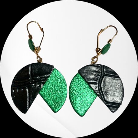 boucles d'oreilles - PENERA- en cuir noir croco et vert gazon irisé - dormeuses -pastille cuir vert 2-