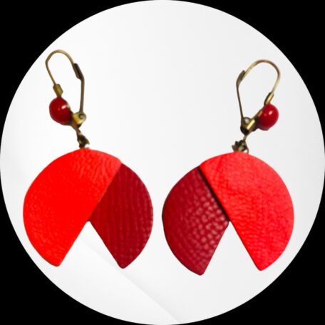 boucles d'oreilles - PENERA- en cuir orange fluo et rouge - dormeuses -cabochon rouge 3-