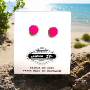 boucles d'oreilles puces- ACAPULCO-en cuir rose fluo-1