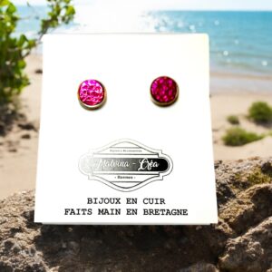 boucles d'oreilles puces- ACAPULCO-en cuir rose fuchsia brillant 2-1