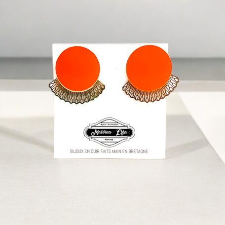 Boucles d'oreilles puces - MADRD- en cuir orange fluo-1