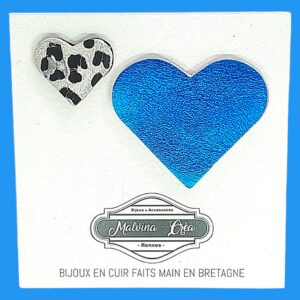 pin's en cuir - VERONE- duo en cuir bleu céleste brillant et léopard noir et blanc-