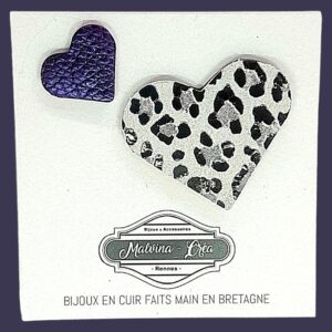 pin's en cuir - VERONE- duo en cuir léopard blanc et noir et violet irisé-