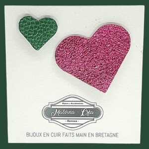 pin's en cuir - VERONE- duo en cuir rose bonbon irisé et vert empire caviar-