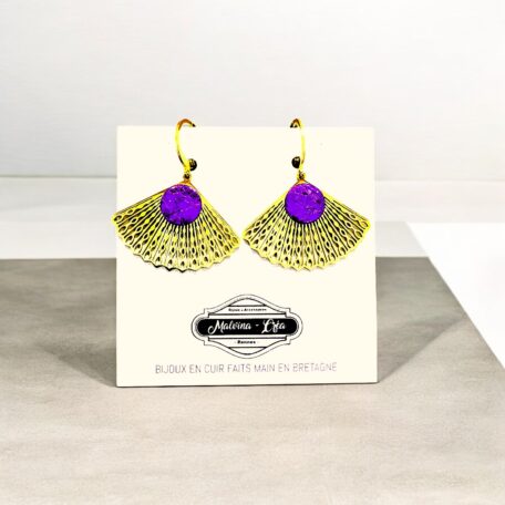 boucles d'oreilles - ABANICO- en cuir violet brillant effet froissé - support mini créoles-