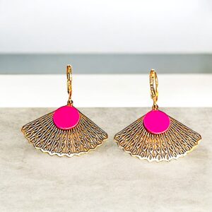 Boucles d&rsquo;oreilles en cuir – ABANICO- Rose fluo