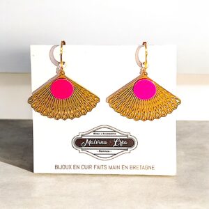 boucles d'oreilles - ABANICO- en cuir rose fuschia fluo - support mini créoles-3
